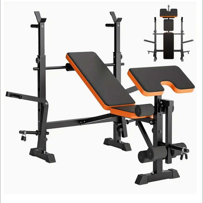 D38-Banco Musculação 6 em 1 com Suporte Agachamento, Banco Ajustável