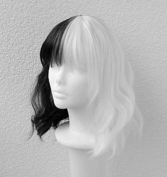 Biała czarna falowana peruka Estella Cruella de Mon Vil cosplay