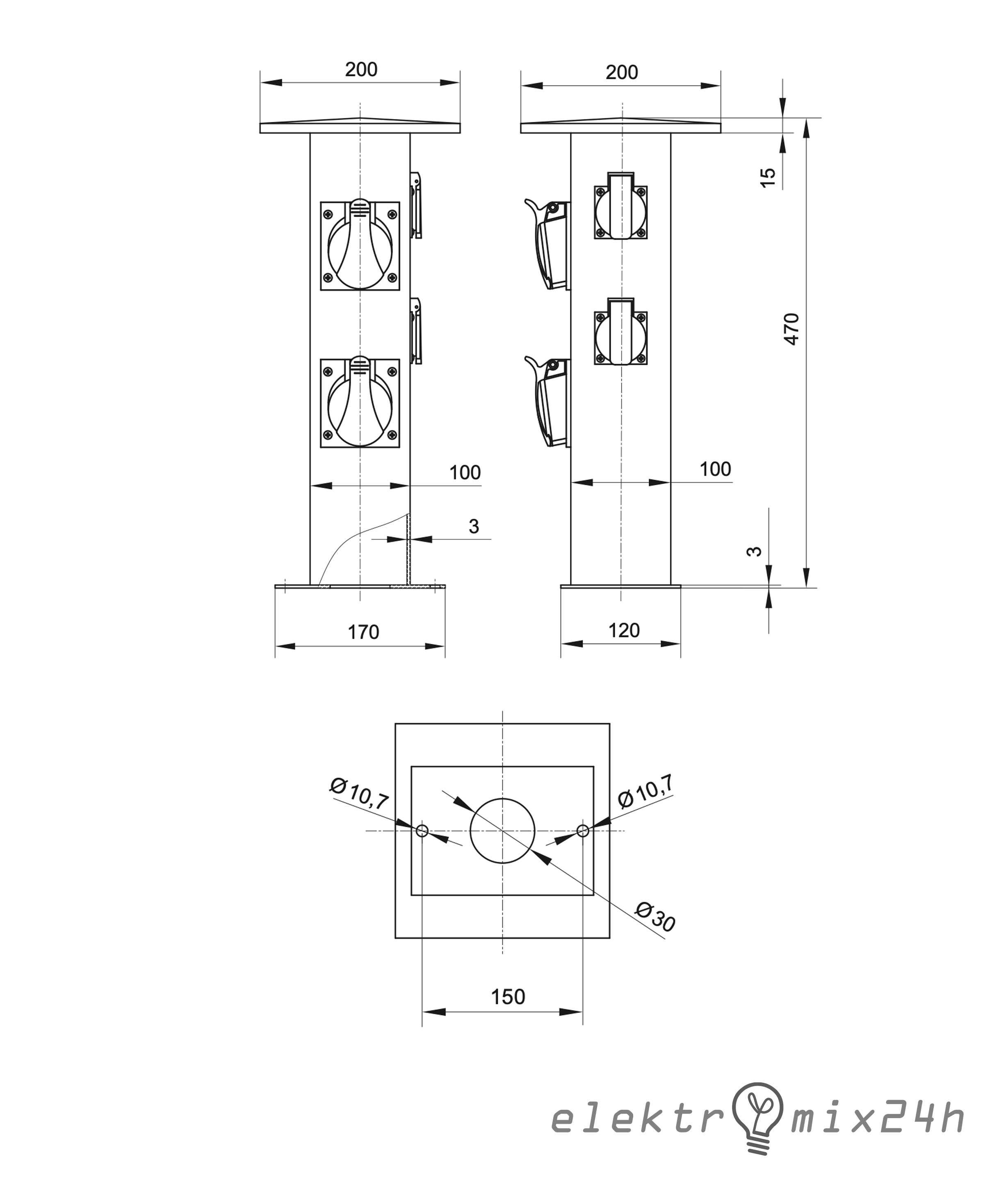 Rozdzielnica, słupek ogrodowy aluminiowy, czarny, gniazda 4x16A 230V