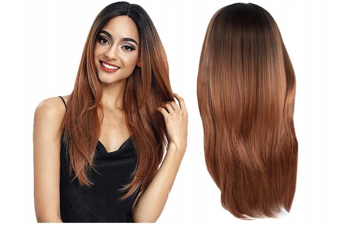 Peruka damska długie włosy ombre brąz proste 65cm