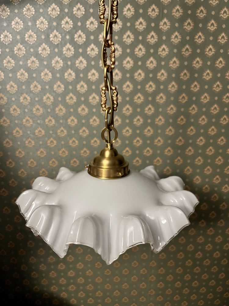 Stara lampa wisząca kuchenna art deco biała zwis mosiężna antyk