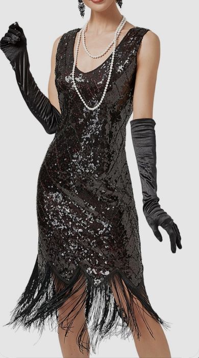 Gatsby sukienka lata 20 30 czarna z akcesoriami L sylwester karnawał