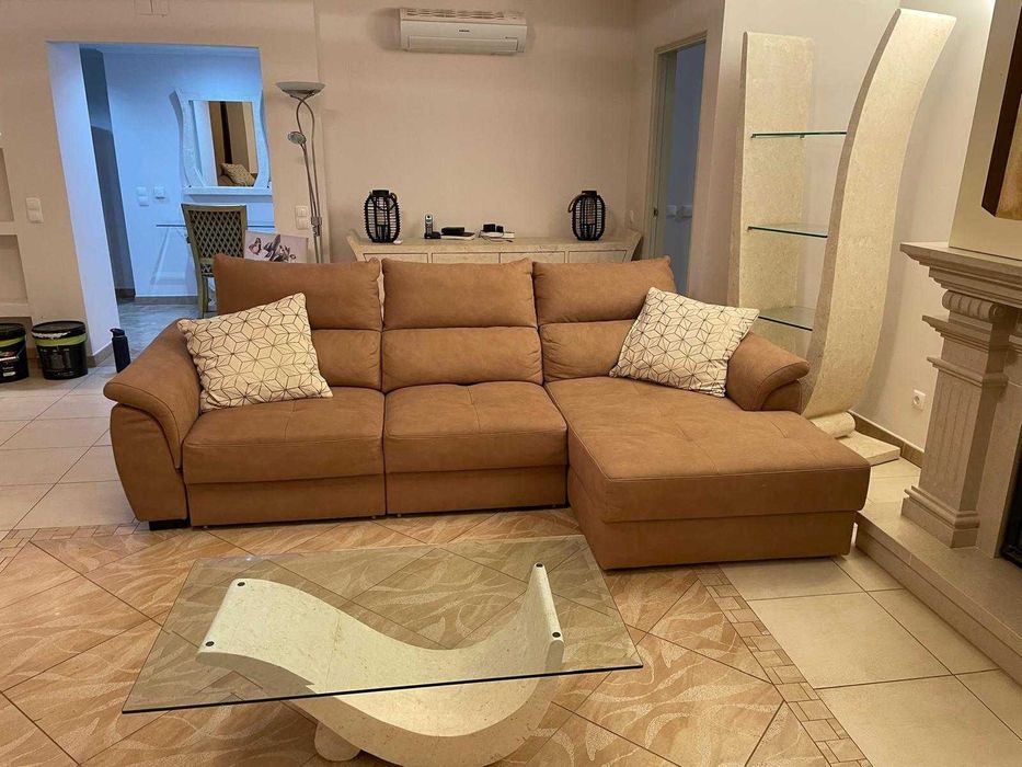 Conjunto de Sofás Chaise Longue Castanho em Tecido Suave