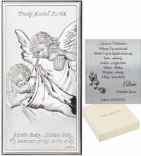 Srebrny Obrazek z Grawerem Anioł Stróż Chrzest Pamiątka Chrztu Komunii