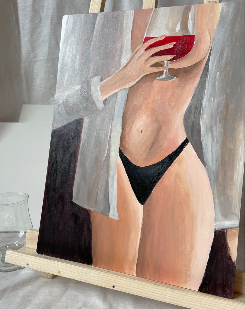 Картина дівчина з бокалом фігура тіло картина ручной работы