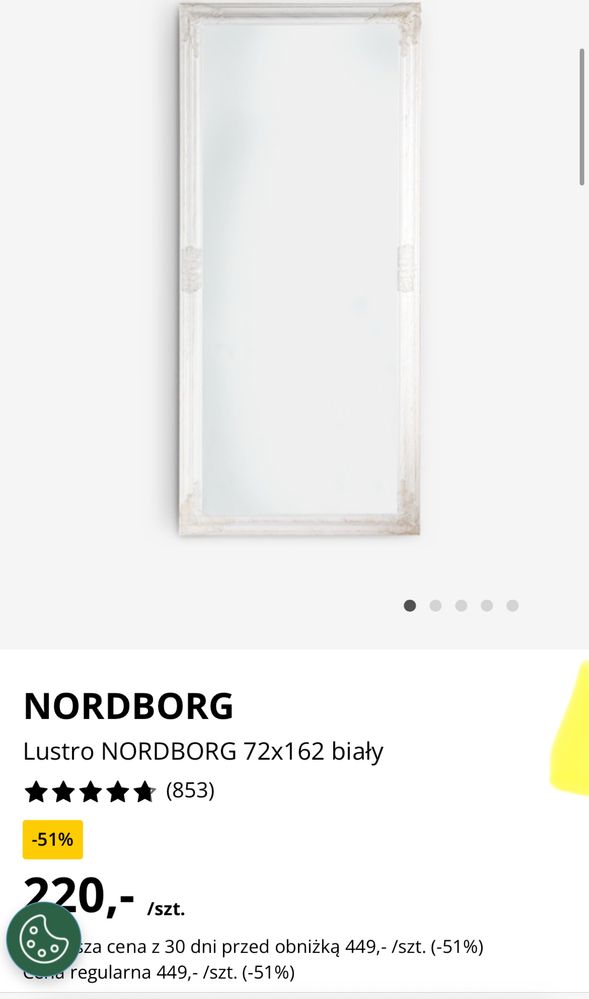 Rama lustra NORDSBORG 72x162 cm – biała, nowa (lustro pęknięte)