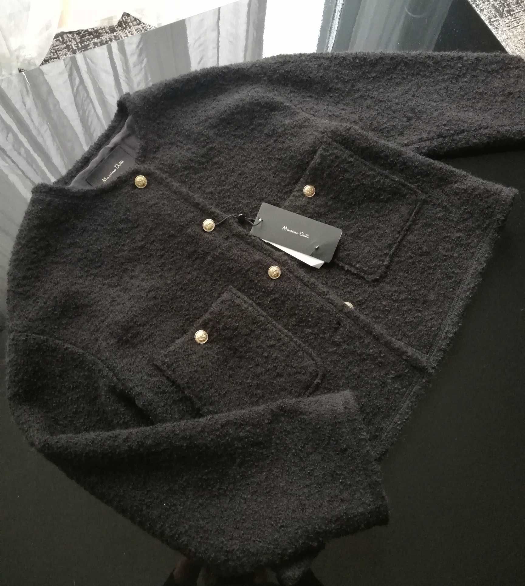 Massimo Dutti wełniany Krótki Żakiet Kardigan Boucle 38M czarny