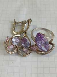 Кольцо и серьги серебро, розовый и сиреневый камень