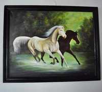 Obraz malowany konie drewniana rama duży czarny 100x80