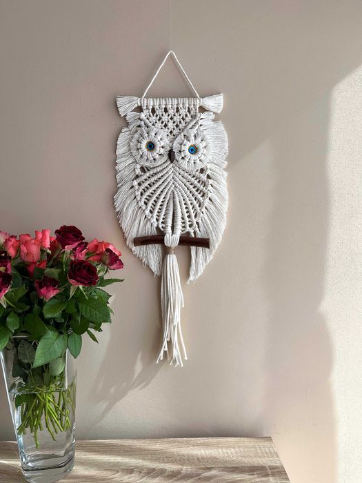 Makrama Biała Sówka - niebieski oczy