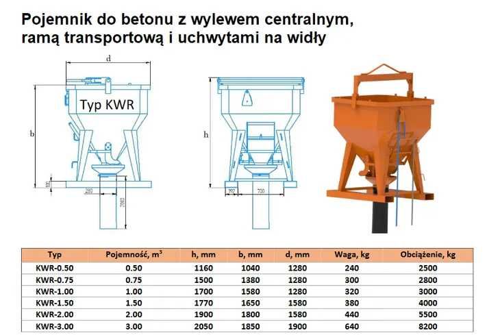 Pojemnik Zbiornik do betonu KWR 1,5m3 wylew rękaw na widły silos kubeł