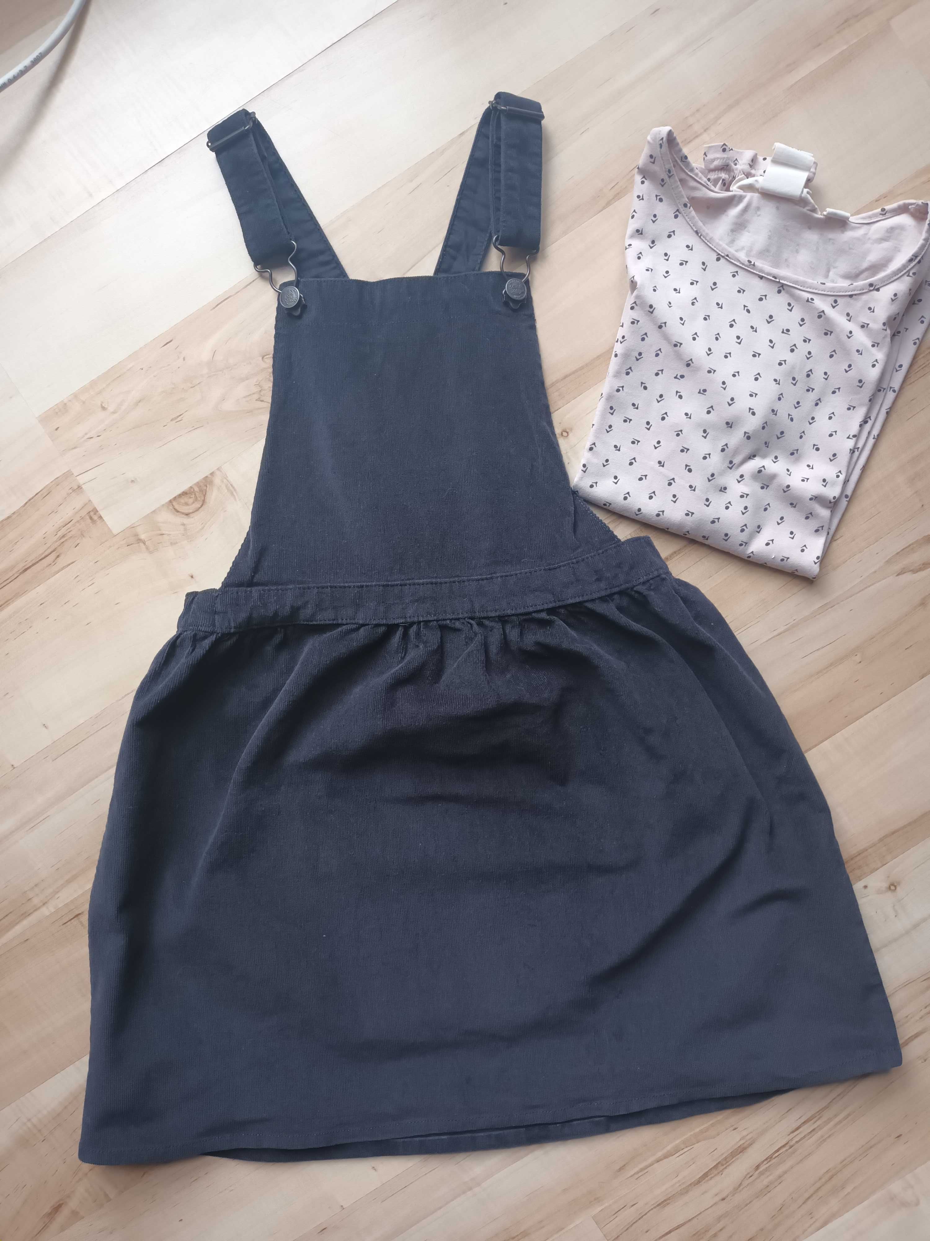 Komplet sukienka ogrodniczka sztruksowa, beżowa koszulka/H&M/140
