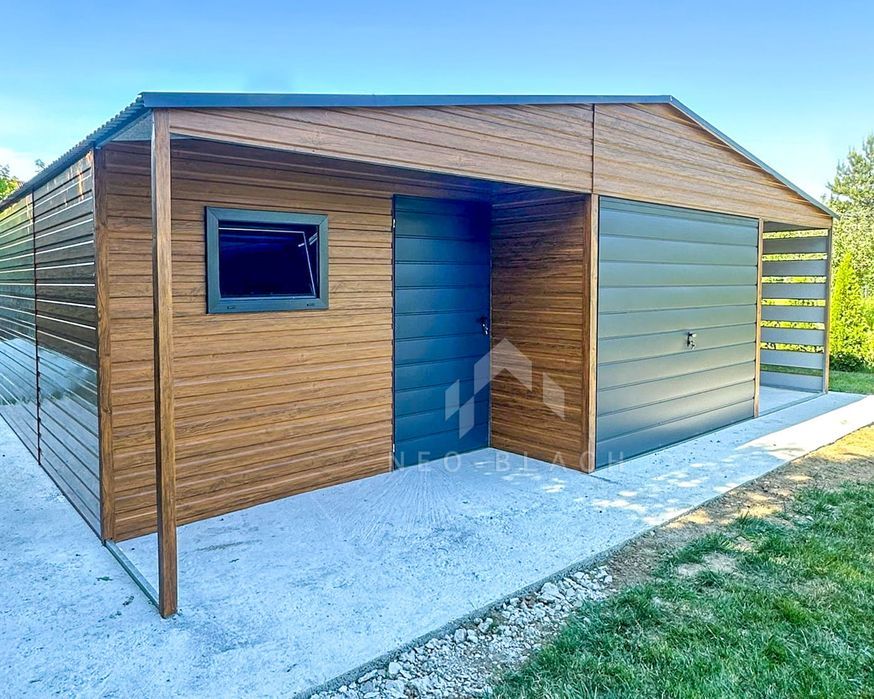 Garaż Blaszany 8X6M - Wiata Wnęka 1M Brama Drzwi Okno Orzech Nb188