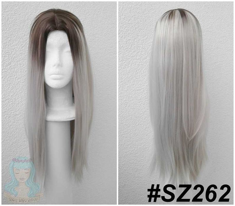 Szara długa prosta peruka z brązowym odrostem bez grzywki cosplay wig