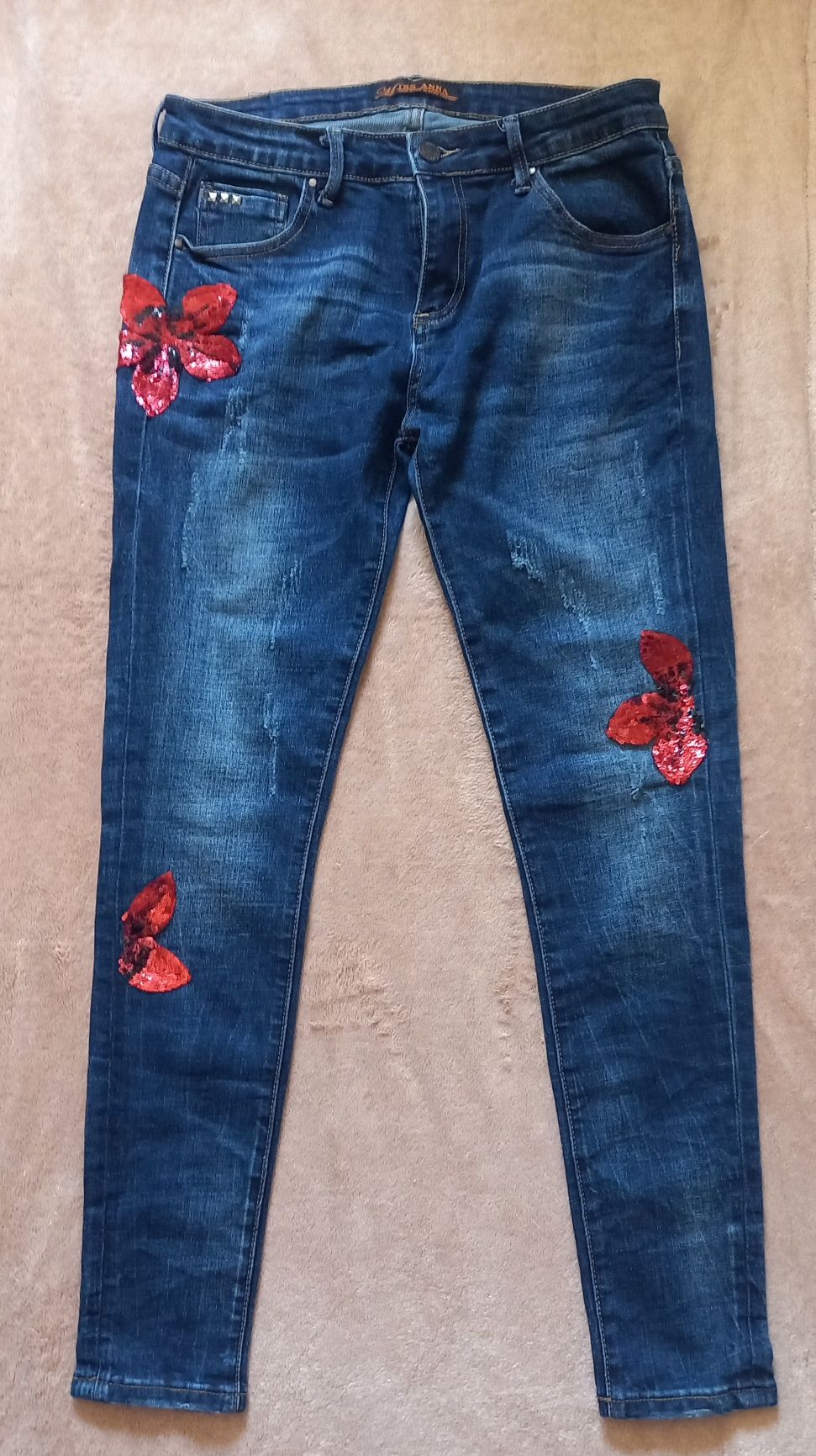 Spodnie jeans r.38/40 zdobione kwiaty
