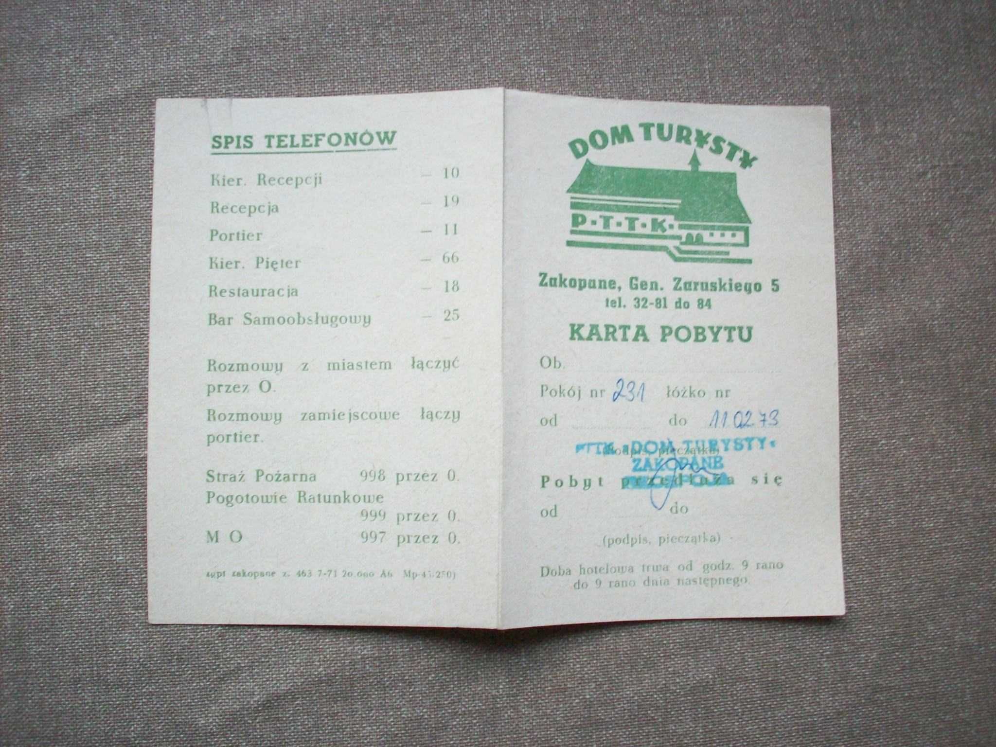 Karta pobytu, Dom Turysty, Zakopane, 1973, PRL.