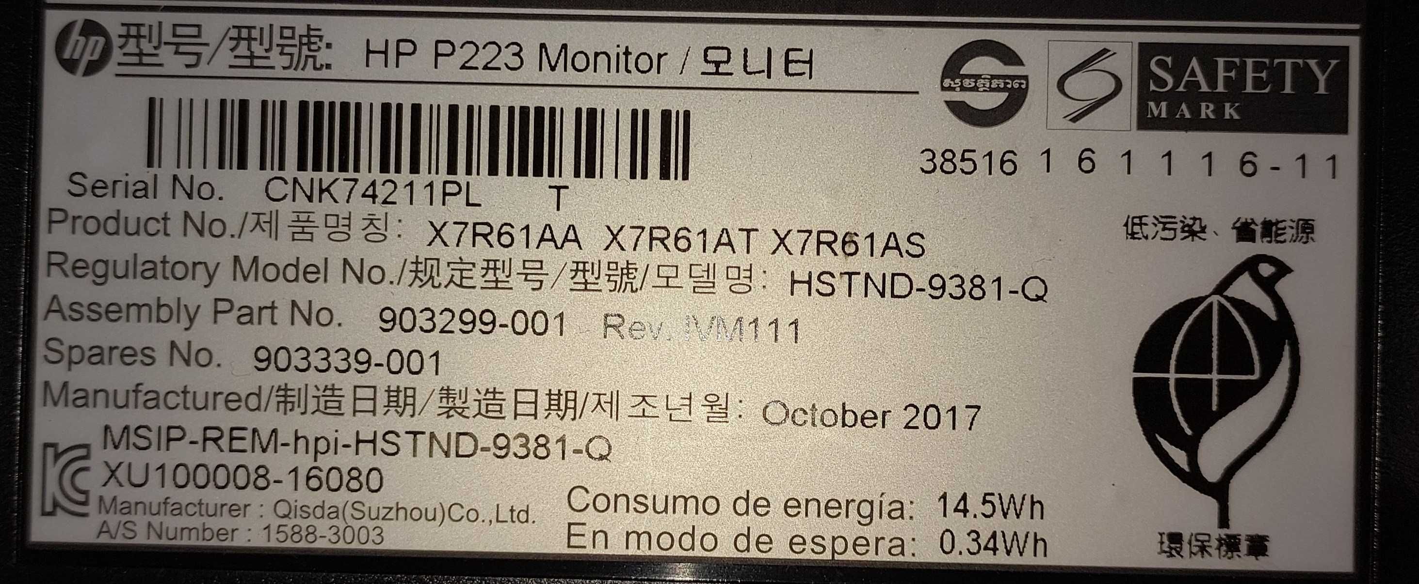 Monitor HP ProDisplay P223 - de 21,5 polegadas.