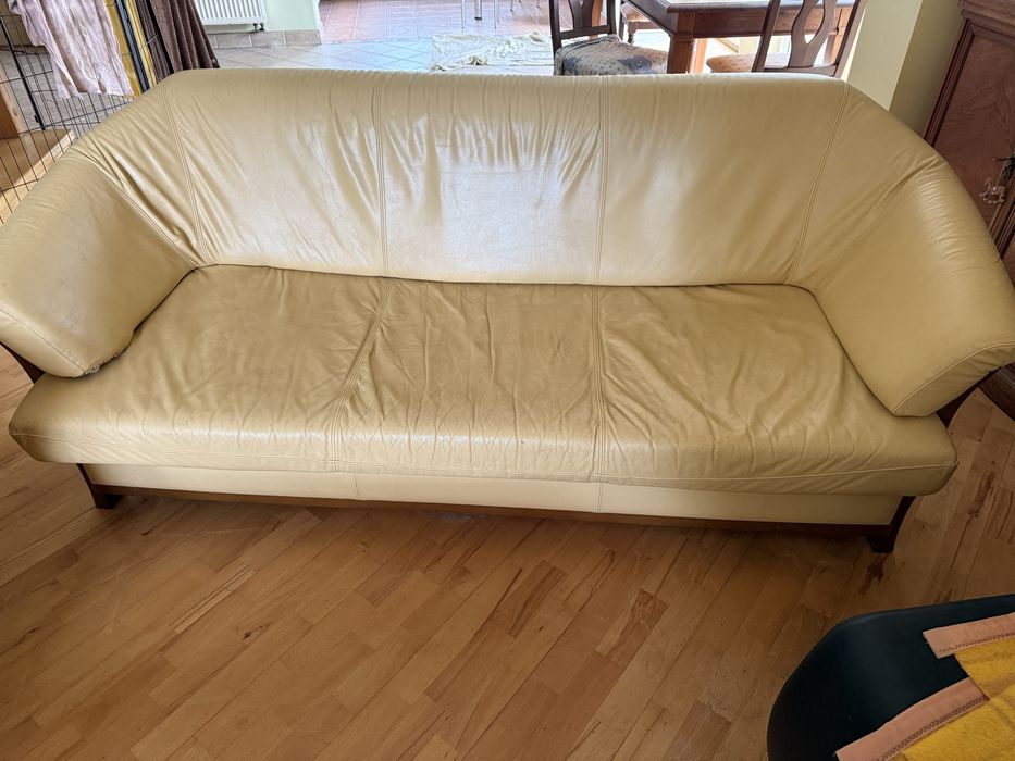 Komplet skórzany: duża sofa z funkcją spania + mała sofa + fotel