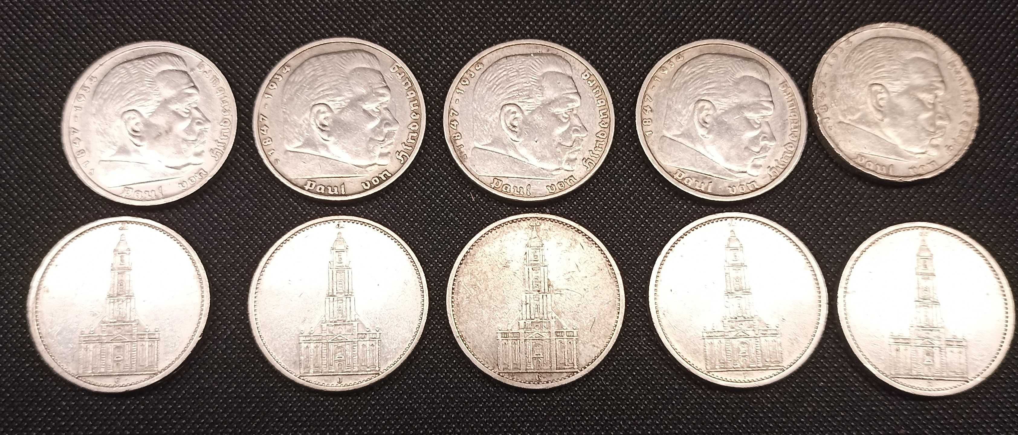 Monety srebrne  Niemcy 5 marek  Hindenburg * Wieża  - zestaw 10 sztuk