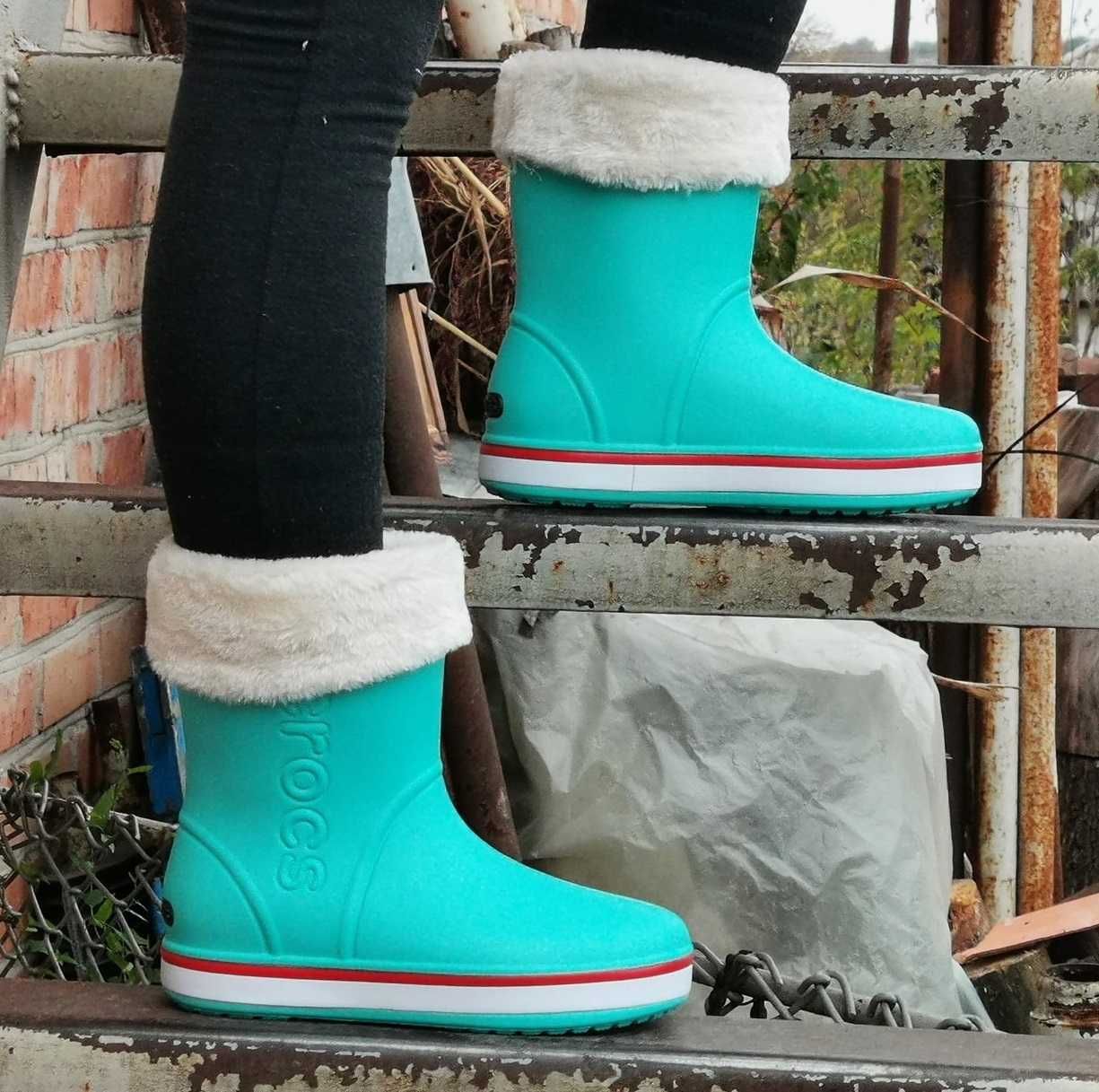 Женские Резиновые Полусапожки CROCS Сапоги Кроксы Теплые Зимние Бирюзо