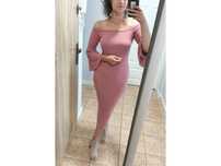 Dopasowana prążkowana sukienka hiszpanka bodycon brudny róż wiskoza