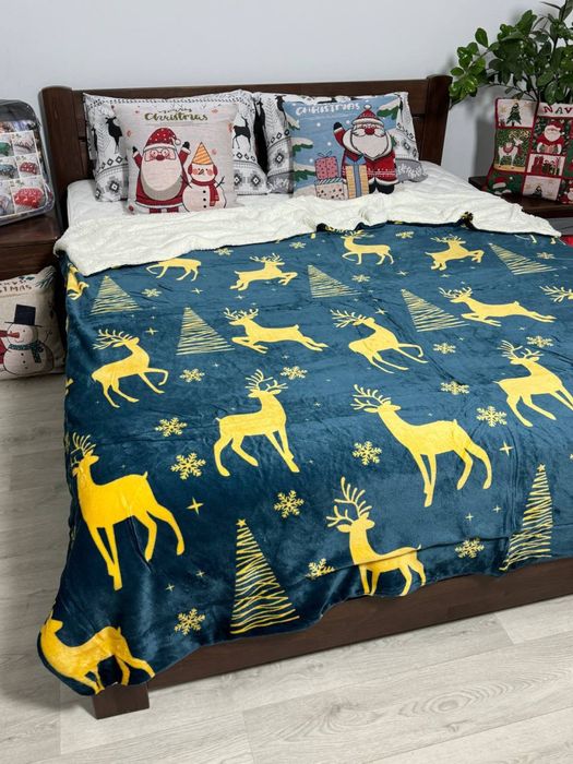 Новогодний плед на овчинке велюр двухсторонний новорічний плед