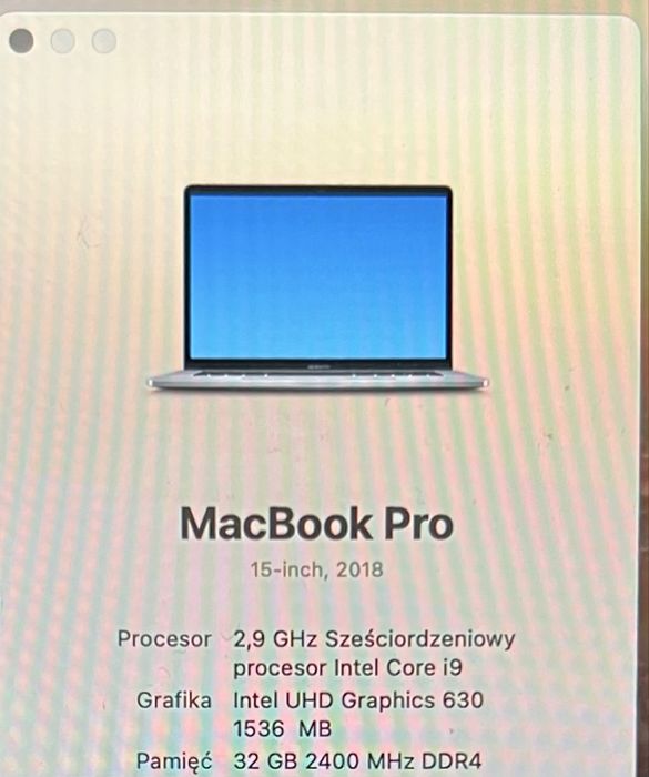 Macbook Pro 15” i9 32GB 1TB 2018 uszkodzona matryca