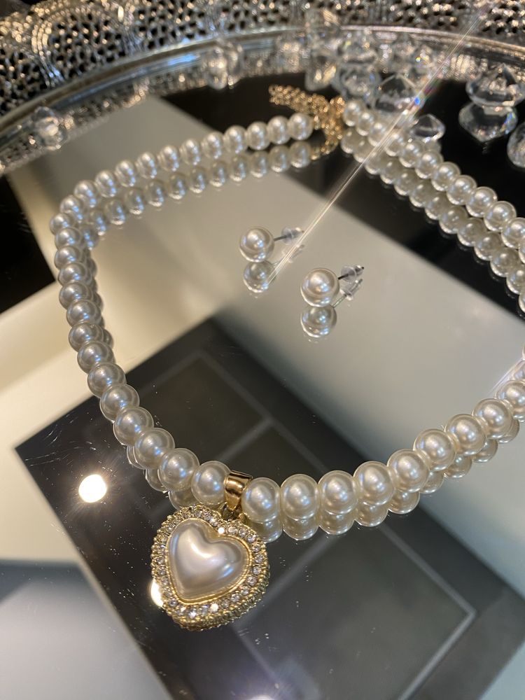 kolia i kolczyki Perły zawieszka serce kolczyki Fashion Jewelry