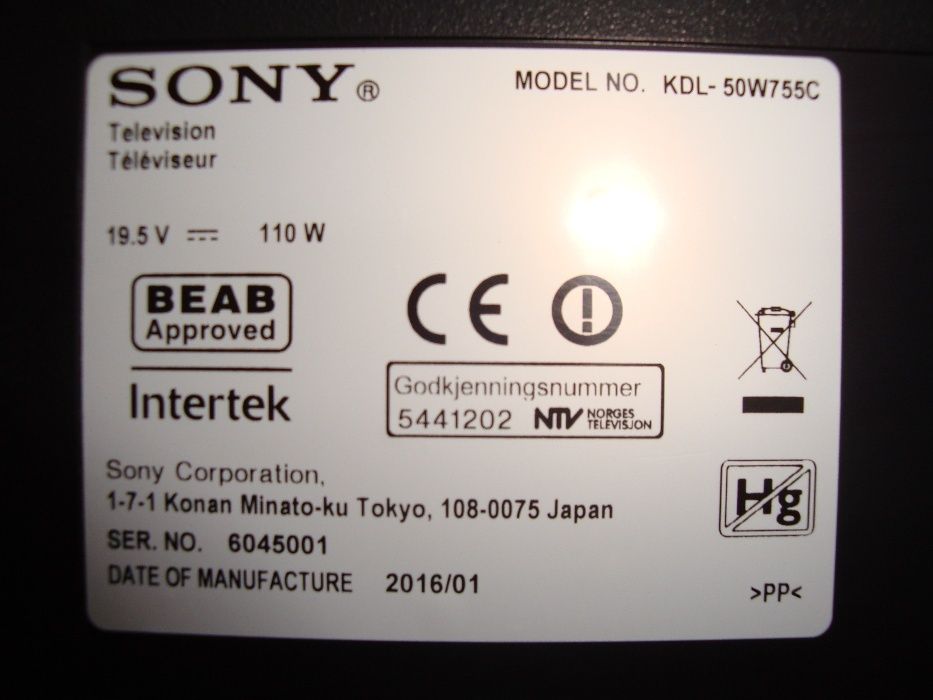 SONY BRAVIA 50 cali Model-KDL-50 W 755C-Uszkodzon