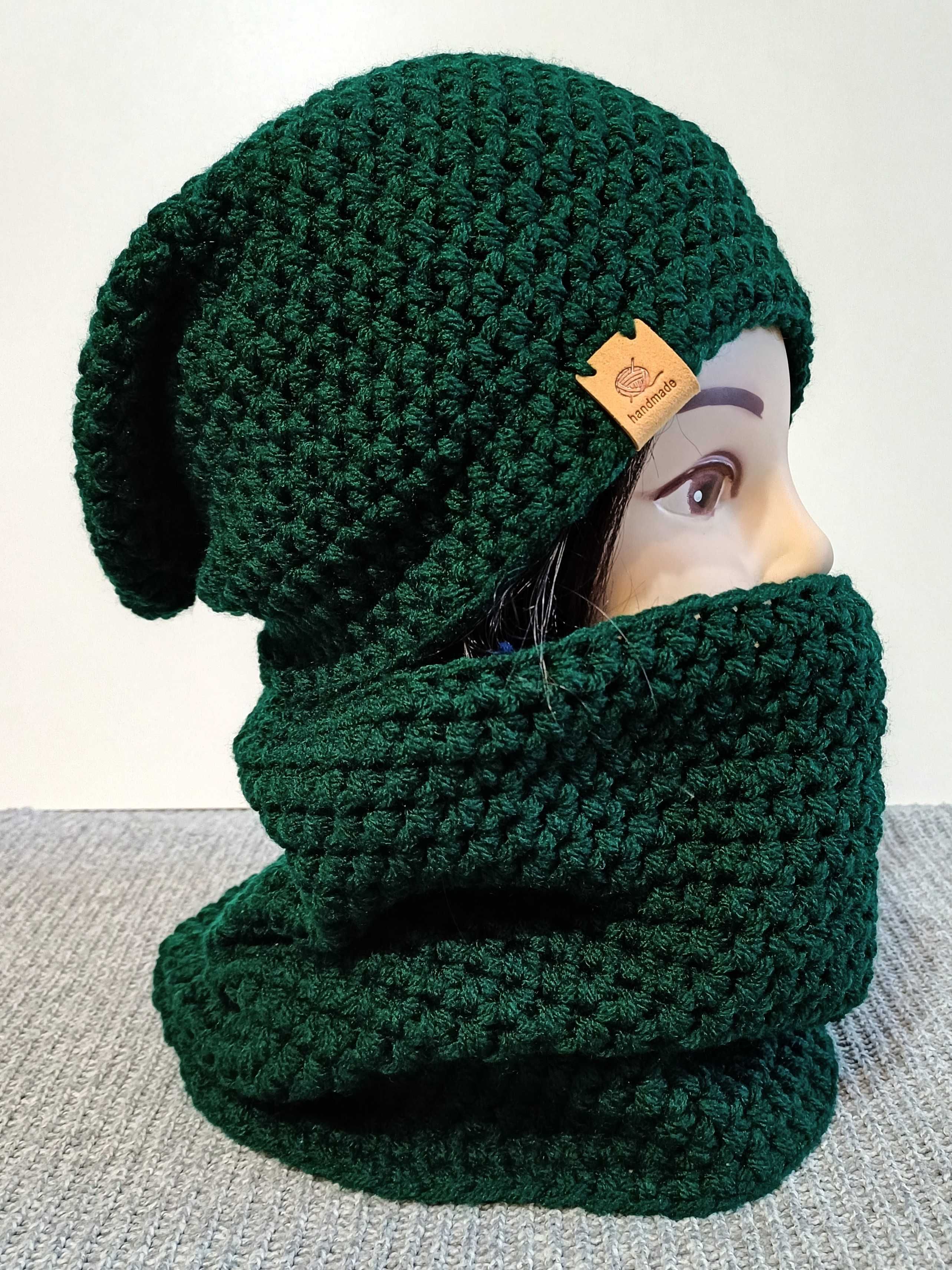 Ciemnozielony zestaw czapka smerfetka z kominem handmade