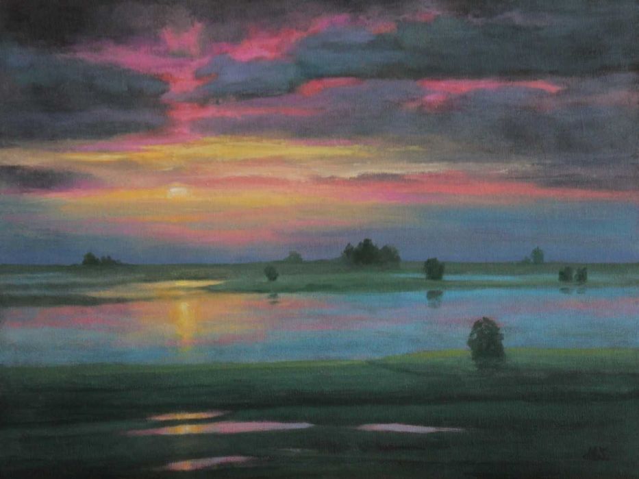 Obraz olejny morze zachód statki pejzaż 40x30 cm