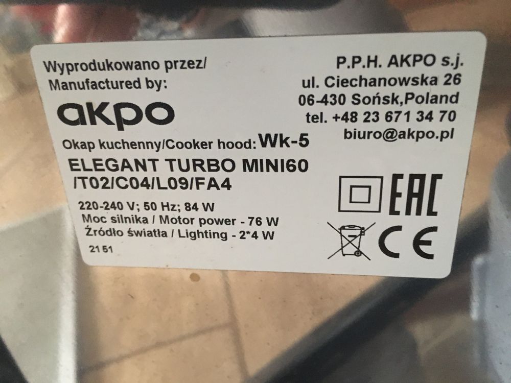 Okap kominowy 60 cm uzywany okolo 2 lat