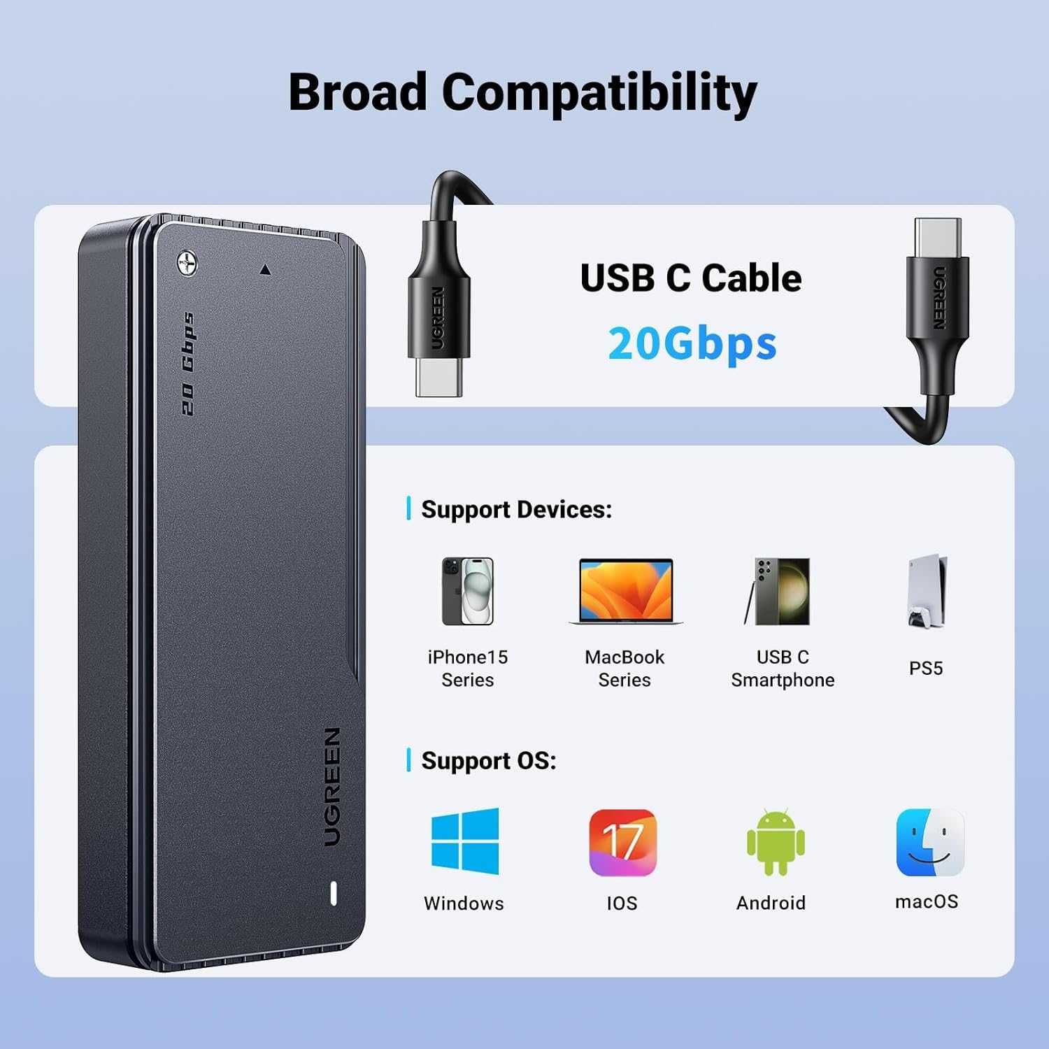 Карман для SSD M2 NVMe 20 Гбит/с Type-C USB 3.2 Gen 2 UGREEN алюминий
