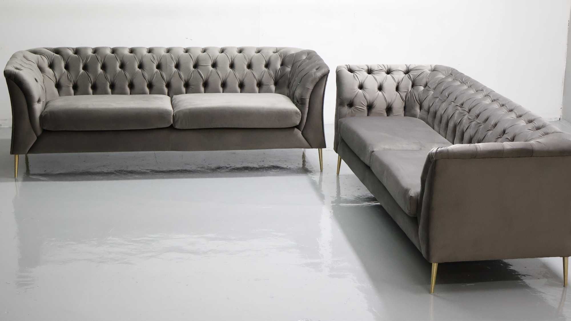 TBB DESIGN WIELKA SOFA 2+2 kanapa taupe welur złote nogi zestaw komple