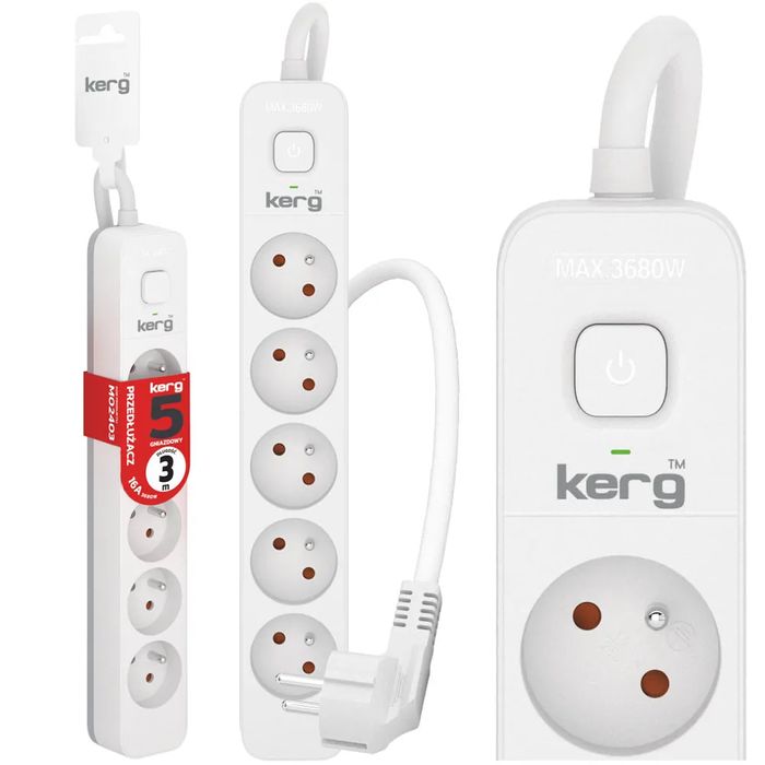 Przedłużacz Kerg z wyłącznikiem 5 gniazd z uziemieniem 3m 16A M02403