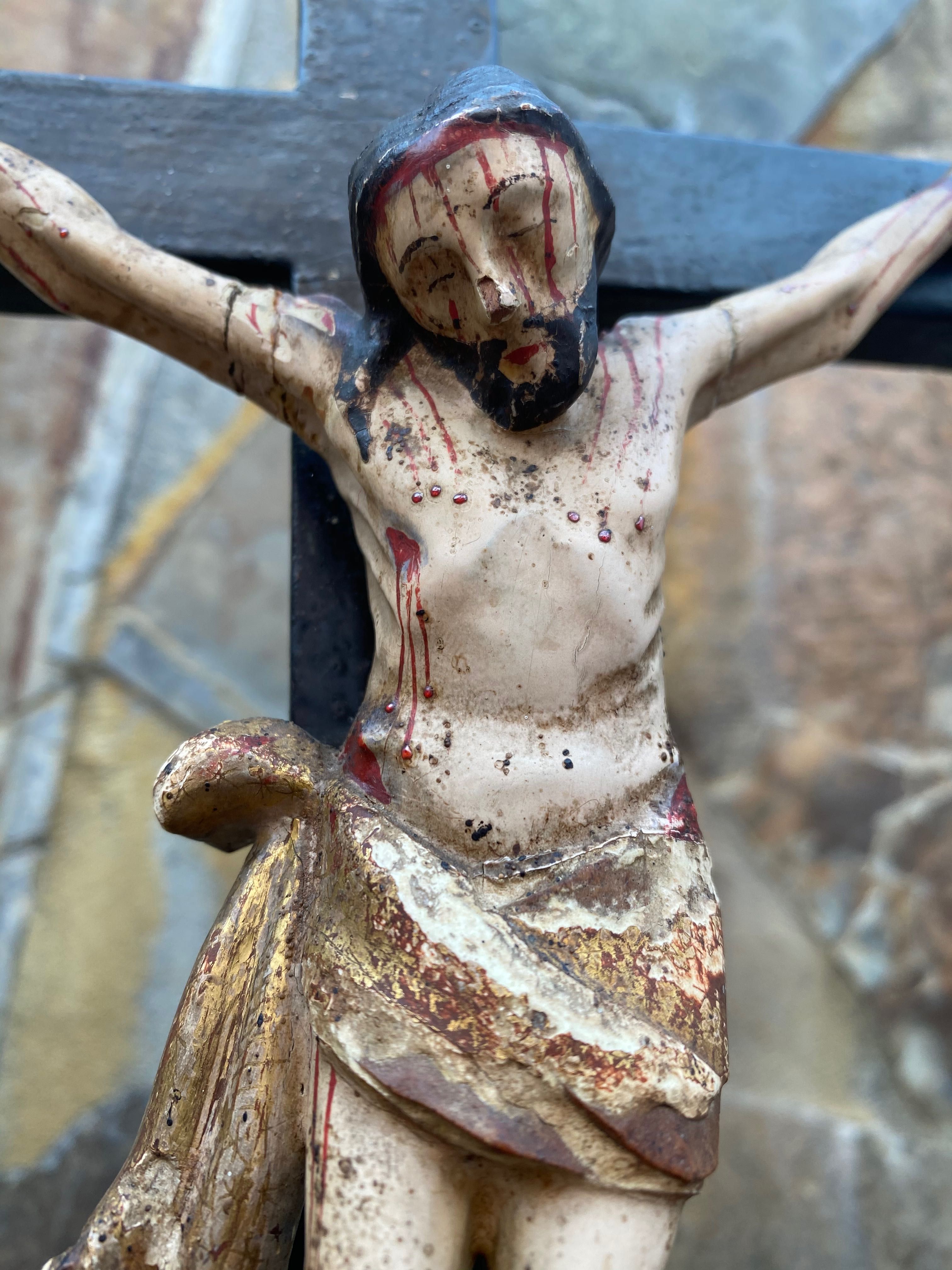 Crucifixo Cristo madeira séc XVIIl Português 40cm Arte Sacra Popular