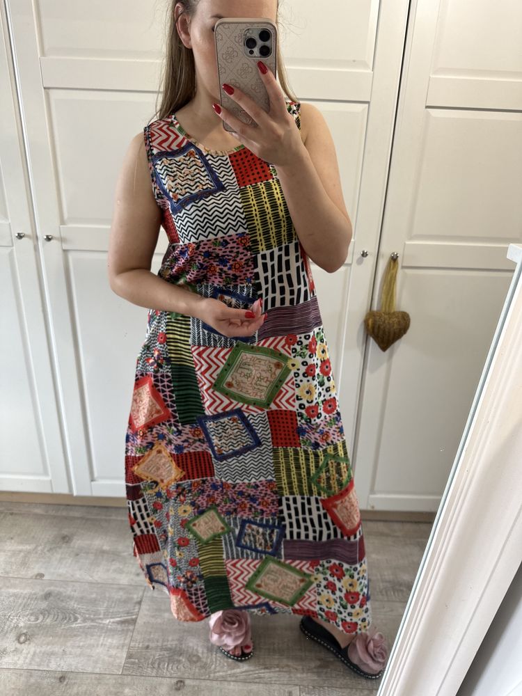 Sukienka maxi etno boho patchwork patchworkowa kolorowa L unikat