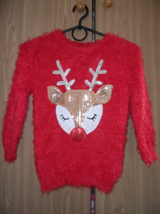 Пушистая новогодняя кофта олень 4-5 лет, новорiчний светр для дiвчинки