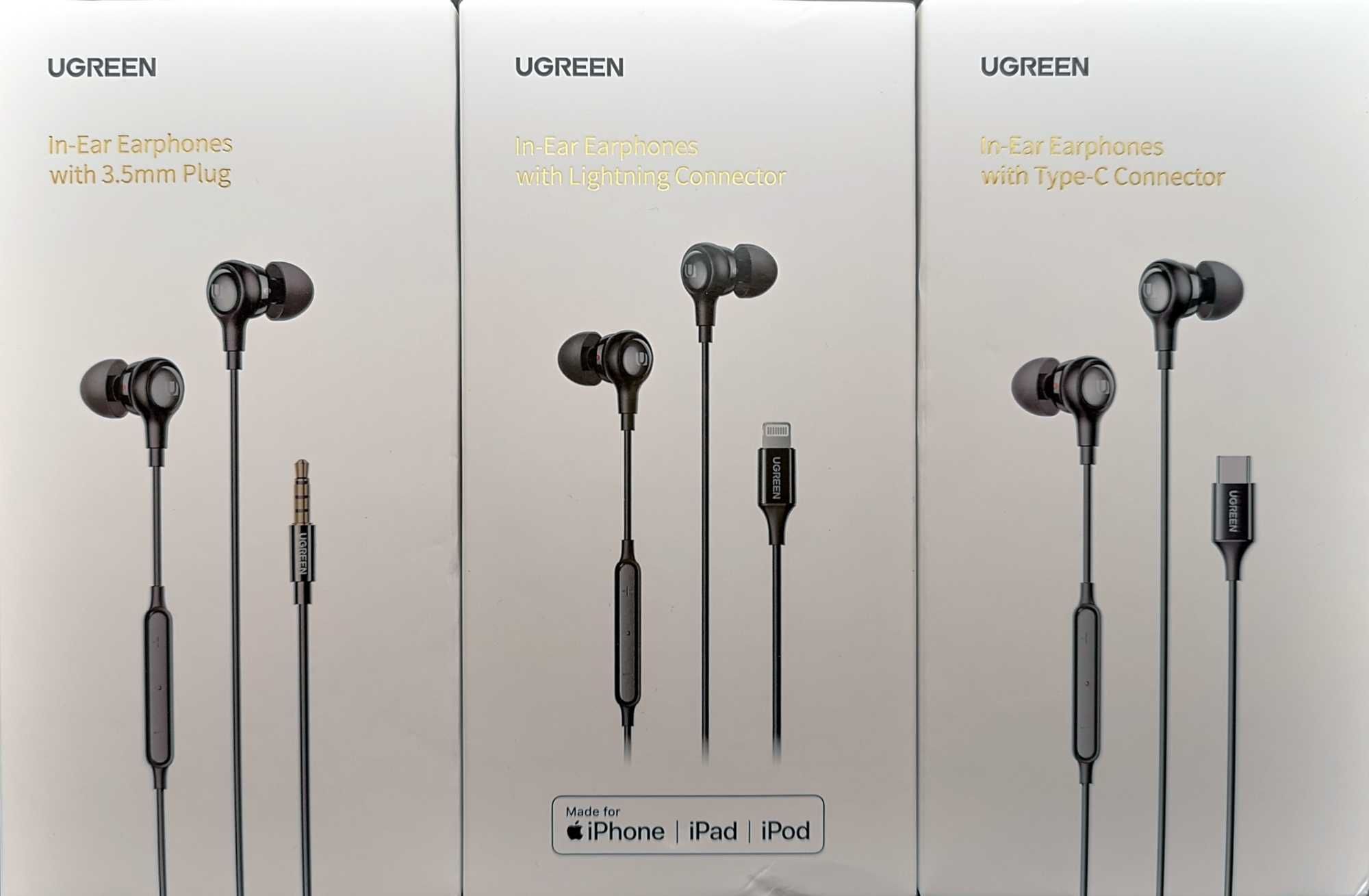 Навушники Ugreen. Роз'єми 3,5 mm, type-c і lightning, для iPhone, iPad