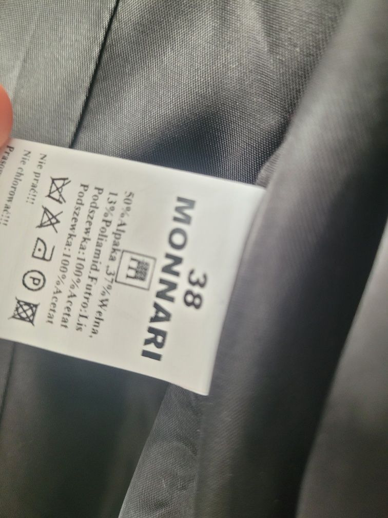NOWY Monnari r. 38 płaszcz ALPAKA WEŁNA czarny LIS futro