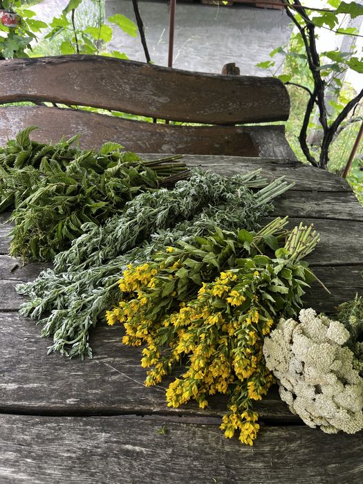 Банні віники з дуба, полині, м'яти, деревій, звіробій, евкаліпта