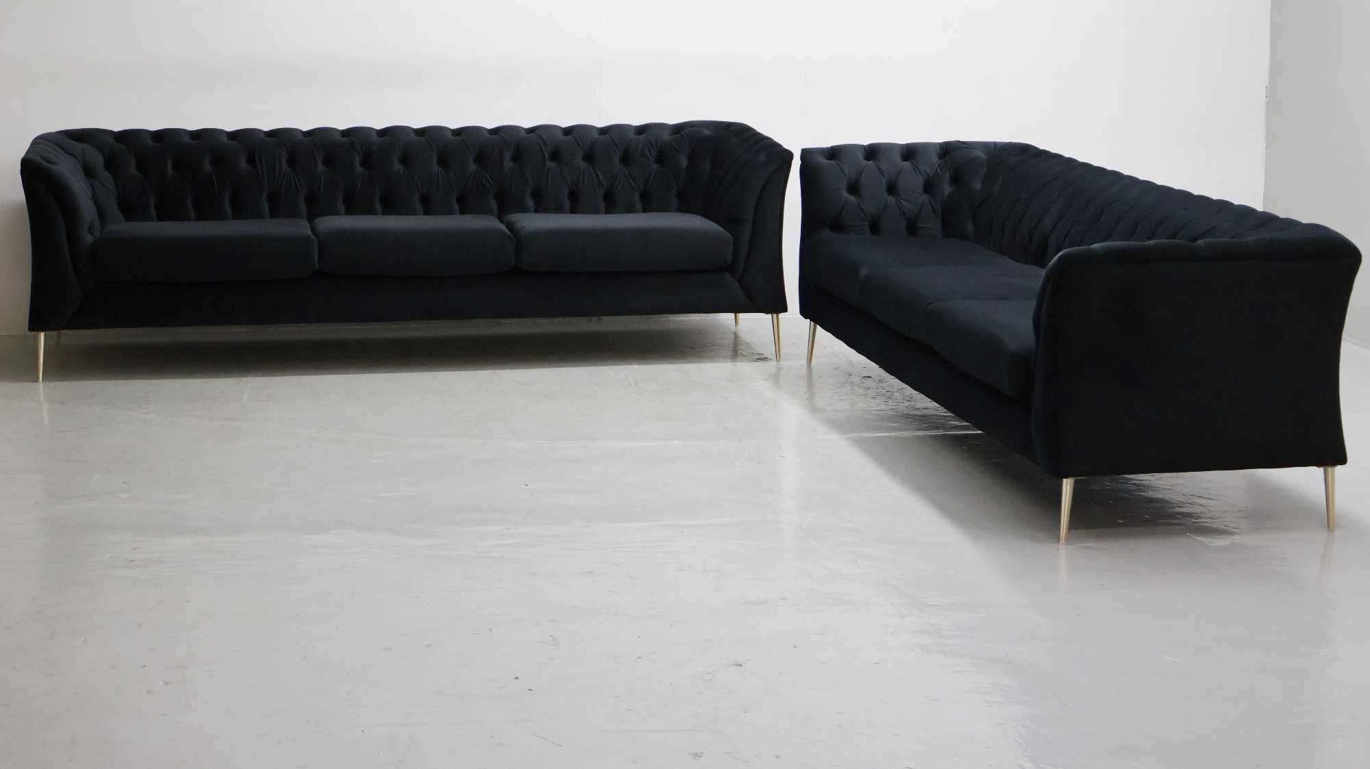 STY DESIGN WIELKA SOFA 3+3 kanapa czarny welur złote nogi zestaw kompl
