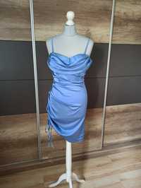 Jasnoniebieska sukienka z marszczonym bokiem r. 42