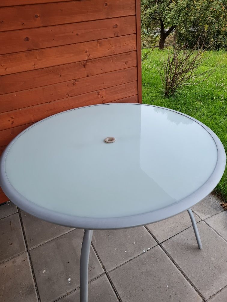 Stół ogrodowy stolik metalowy szklany blat szary biały