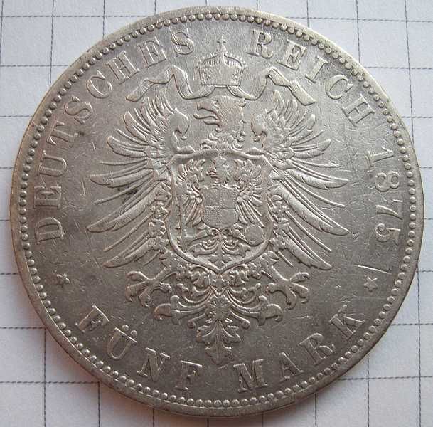 5 марок 1875 року, Гамбург, старий герб, срібло
