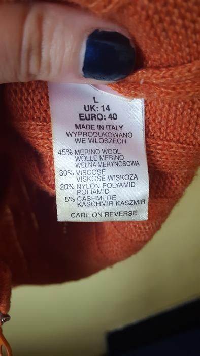Włoski Sweter Wełna Merino Kaszmir Hekla&Co. roz.40 Pomarańczowy