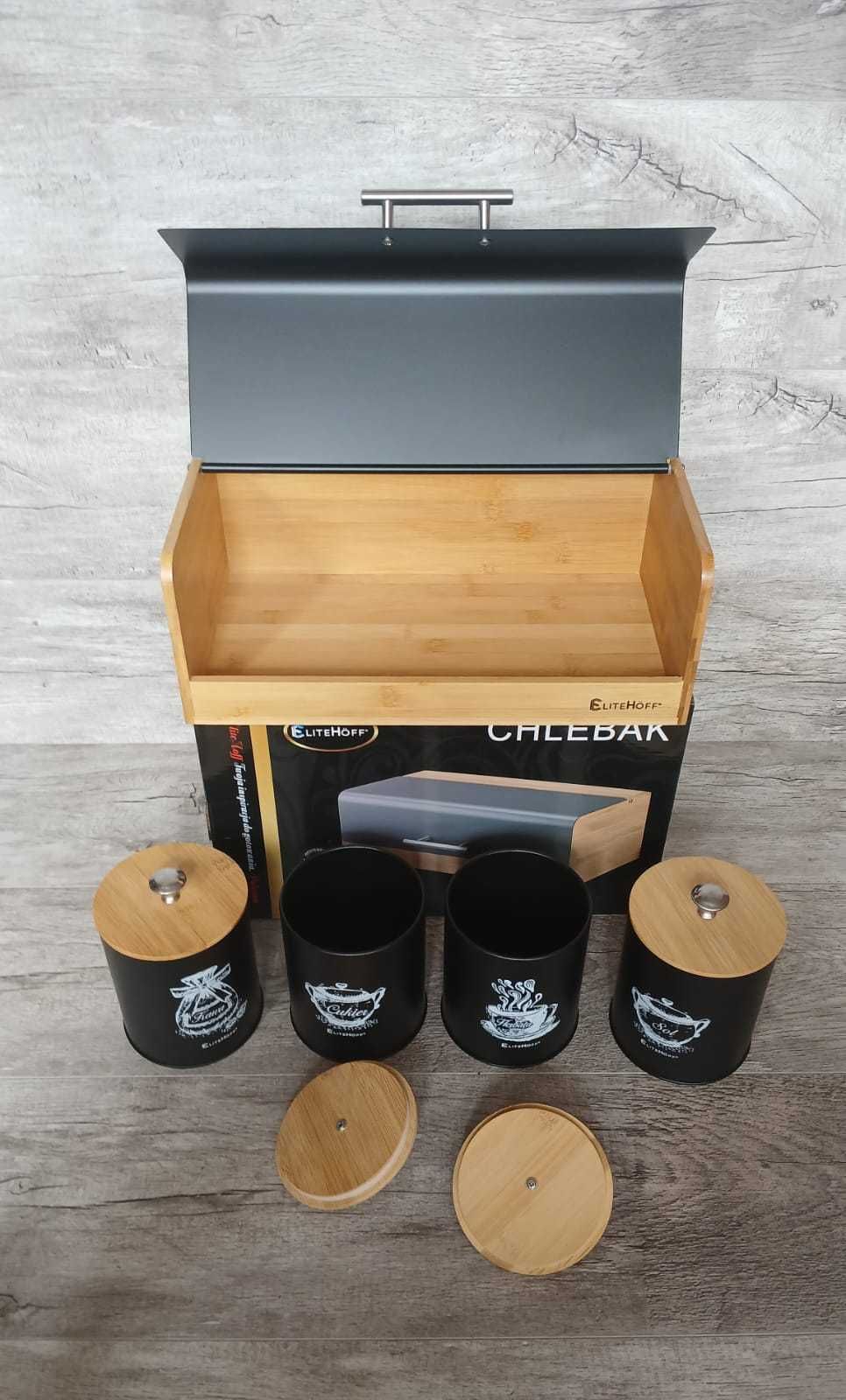 Komplet chlebak bambusowy z pojemnikami na Kawę Herbatę Cukier Sól
