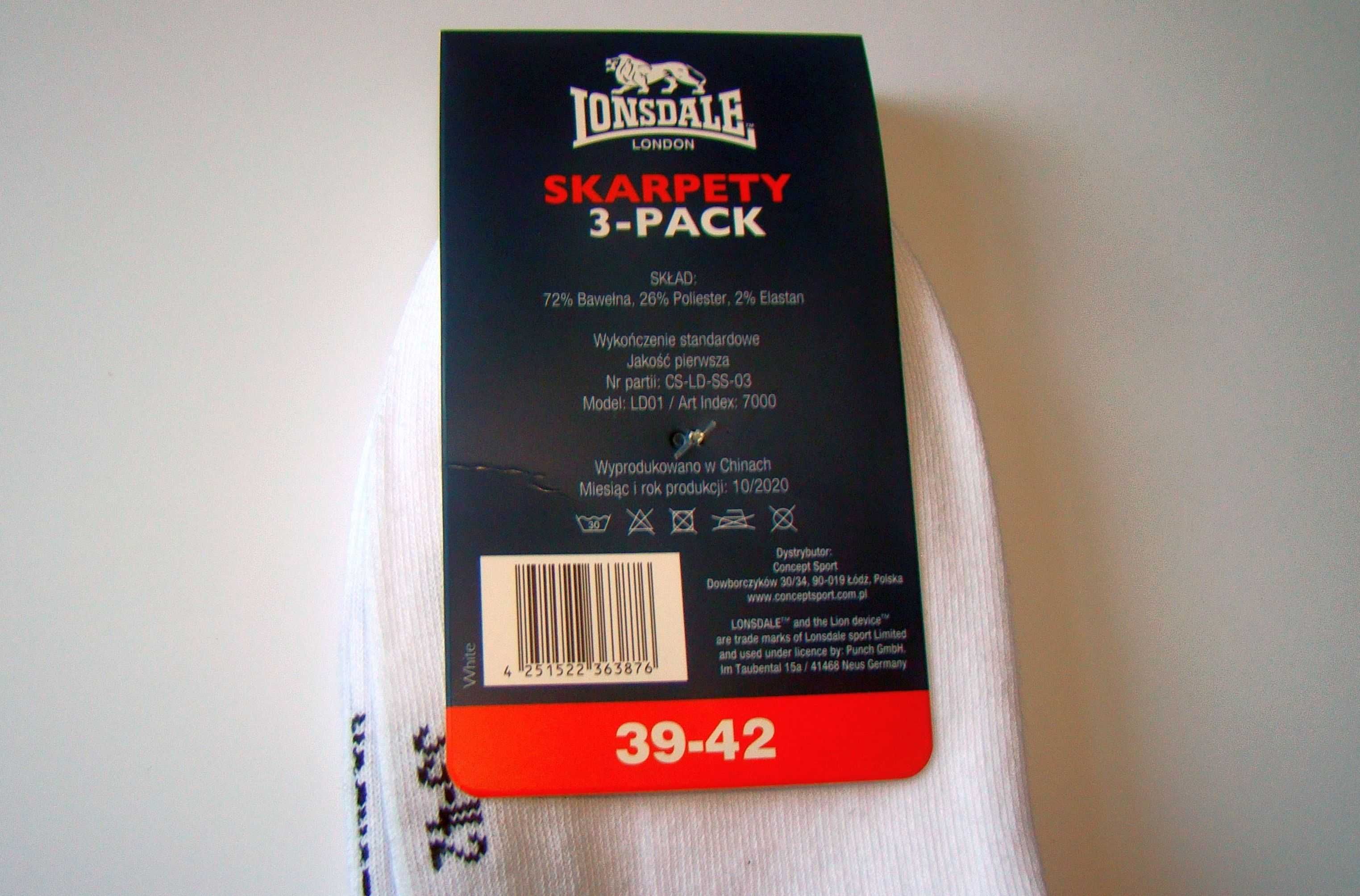 Skarpety stopki LONSDALE SNEAKER białe 3 Pack r. 39-42