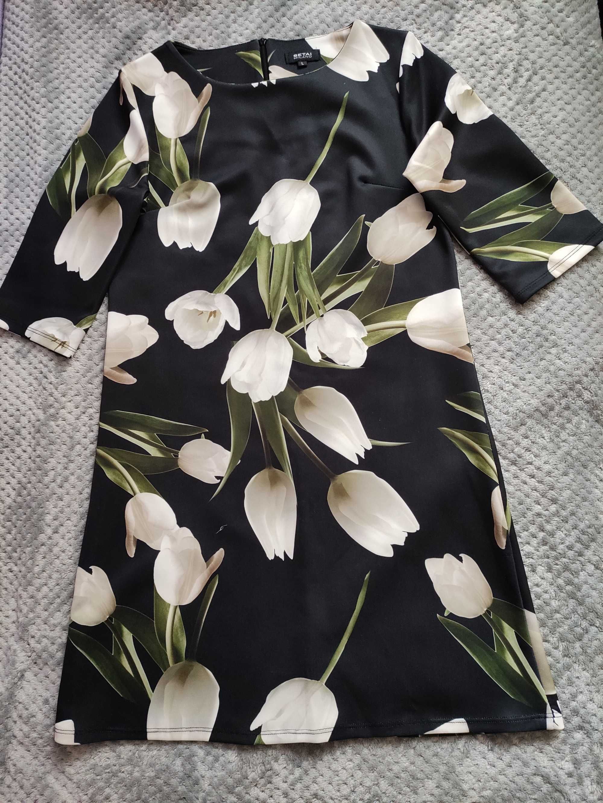 Sukienka piankowa czarna w kwiaty tulipany foto r. L