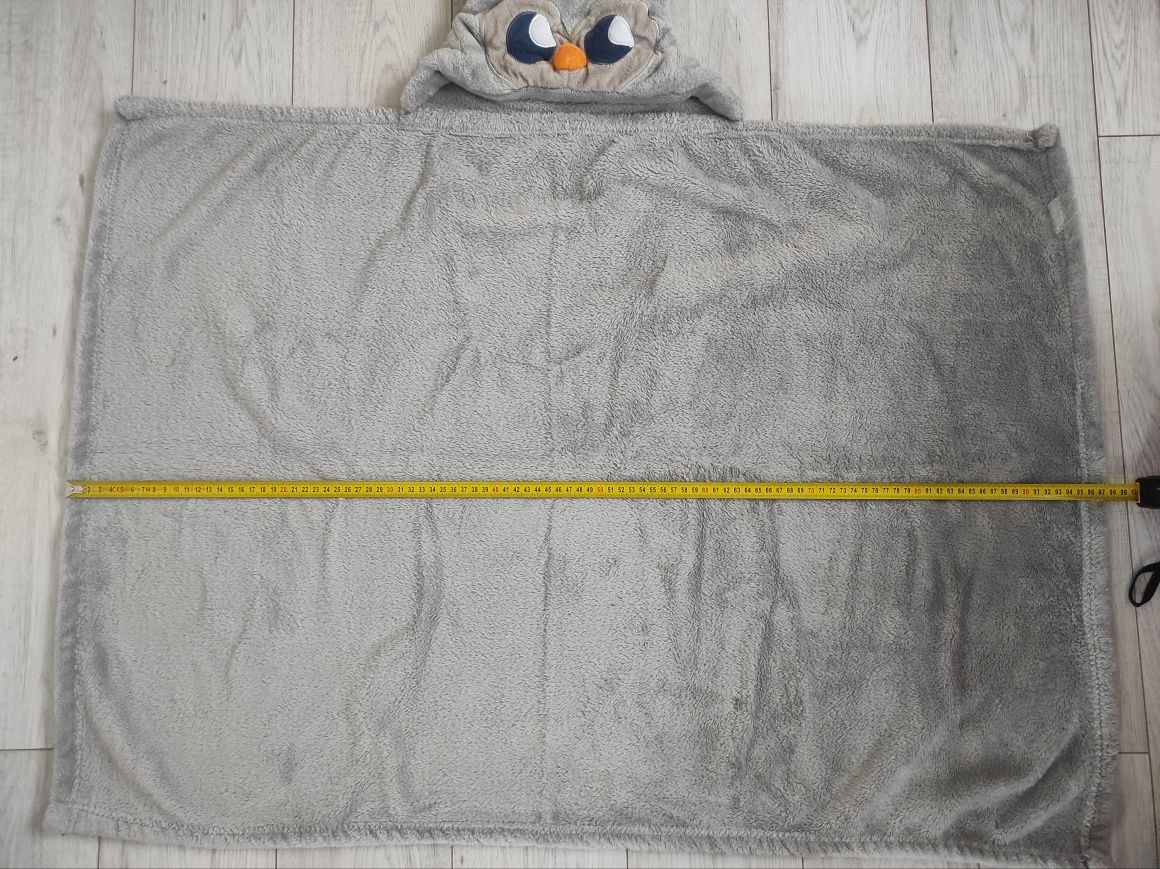 Szary kocyk sowa z kapturkiem dla maluszka, 70x100 cm